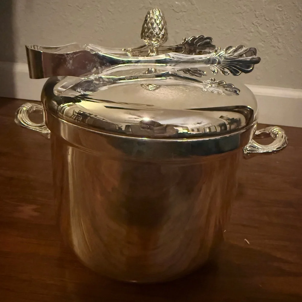 Silver Plated Insulated Ice Bucket with Lid, Handle & Tongs, Barware Set